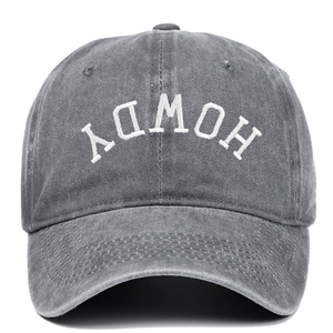 Retro washed cotton baseball cap in dark grey with white Howdy 3D embroidery