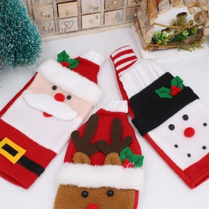 Three-piece Christmas wine bottle covers with Santa, Elk, and Snowman knitted stripe designs