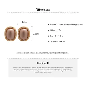 Detailed size chart showing 2.1x1.8cm vintage oval earrings with zircon and pearls