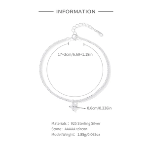 Sparkling S925 sterling silver chain bracelet with AAAAA+ zircon star pendant 1.85g