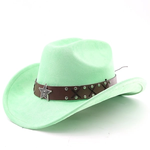 Detailed side view of mint green suede cowboy hat with star emblem and metal rivets