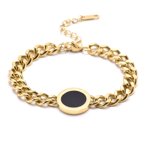 Gold titanium thick chain bracelet with black Roman numeral round pendant on white background