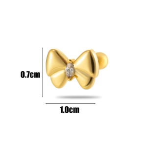 Detailed view of a gold bow stud earring with dimensions of 0.7cm by 1.0cm