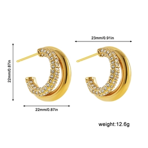 Detailed size specifications of gold double hoop earrings with cubic zirconia stones