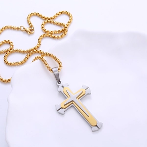 Unisex minimalist stainless steel layered cross pendant necklace in gold and silver