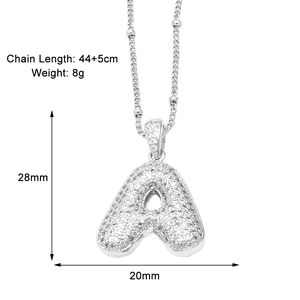 Detail view of silver letter A pendant with clear cubic zirconia and dimensions