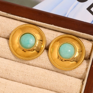 Macro view of vintage 18K gold plated stainless steel stud earrings with amazonite stones