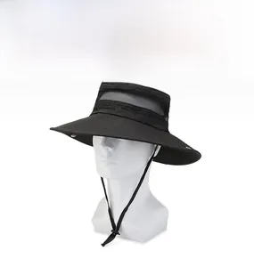 Detail view of black outdoor sun hat featuring mesh vents and adjustable chin strap