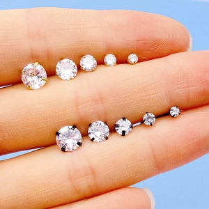 Set of 10 stainless steel stud earrings with round zircons in gold and black finishes