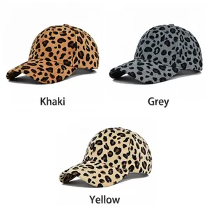 Corduroy leopard print baseball caps for couples in khaki, grey, and yellow colors