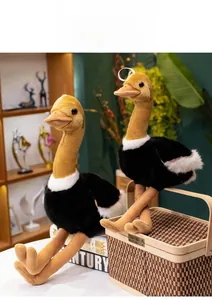 Close-up of two plush ostrich toys with soft fur and long necks in a home setting