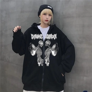 Detail of spider web hoodie with skull butterfly print and Chronic Disorder graphic