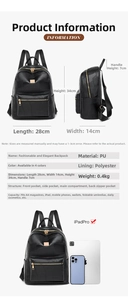 Size chart for women backpack showing dimensions 28x14x34cm and various storage compartments