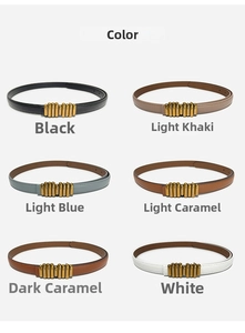 Detailed palette of slim genuine leather belts with cylindrical gold buckles in six colors