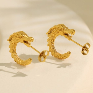 Retro golden C-shaped dragon stud earrings in titanium steel with detailed dragon head carving