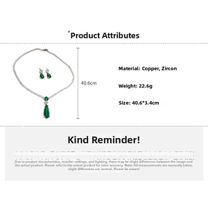 Detailed view of green drop zircon necklace and earrings set with copper base
