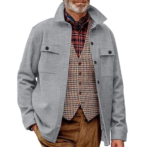 Men's grey casual slim-fit work jacket with turndown collar and button-down pockets