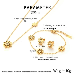 Detailed specs of gold daisy jewelry set with 11mm floral pendant and dimensions