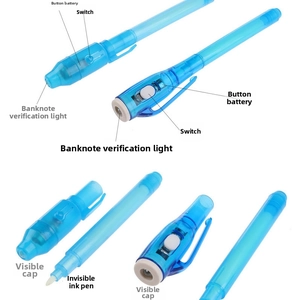 Detail of blue invisible ink pen showing UV light cap, switch, and button battery parts