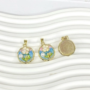 Monet style rose flower pearl pendant with gold plating and blue enamel oil painting effect