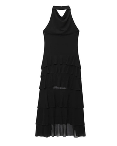 Detailed view of black tiered halter neck midi dress with layered chiffon fabric