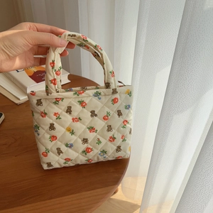 Quilted floral handbag with cute bear patterns and top handles for casual outings