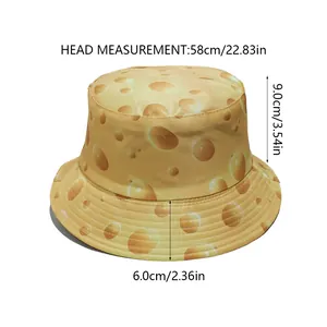 Size chart showing dimensions for cheese pattern bucket hat with 58cm head measurement