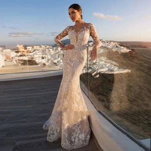 Robe De Mariée Sirène Manches Longues Dentelle Tulle Champagne Robe Nuptiale Traîne Luxe Élégant Pour Femmes
