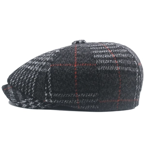 Men's houndstooth wool newsboy cap with grey check pattern and red stripes for winter