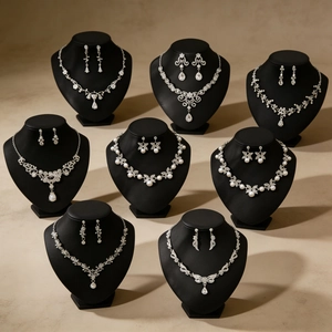 Vintage silver teardrop jewelry set with necklace and earrings on mannequins