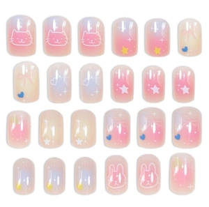 Short square press-on nails with cute pink and purple cat, rabbit, and bow patterns