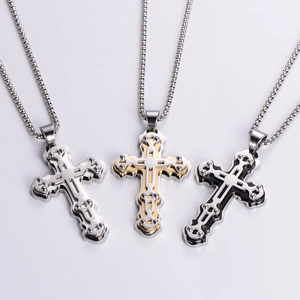 Triple layer cross necklace with metal stud trim in silver, gold, and black steel tones