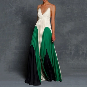 Robe Maxi Plissée à Bretelles Spaghetti et Col en V pour Femmes Élégante Bloc de Couleur Sans Manches Été Ligne A Fête