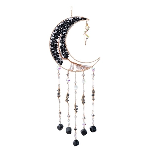 Golden moon tree of life wall hanging with natural black agate stones and crystal prisms