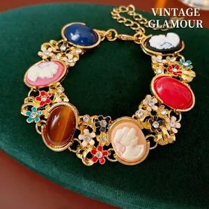 Retro Gold Tone Alloy Bracelet Cameo Embossed Portrait Colorful Resin Gemstones Floral Enamel Rhinestones