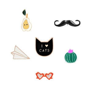 Detailed set of 6 alloy enamel pins featuring cactus, paper plane, and quirky cartoon motifs