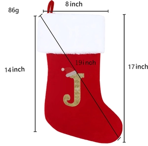 Detail showing red Christmas stocking with white plush cuff, letter J and dimensions