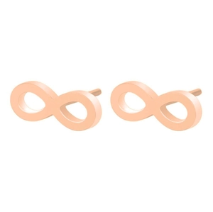 Macro shot of minimalist rose gold infinity stud earrings with a polished mirror finish