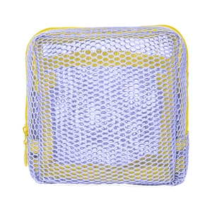 Compact purple mesh beach bag with yellow zipper for sand toy storage and organization