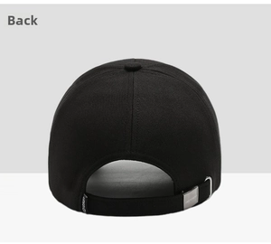 Back view of black cotton baseball cap showing adjustable strap with a metal buckle