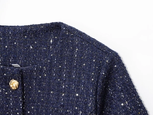 Dettaglio ravvicinato della giacca in tweed blu navy con paillettes e bottoni a nodo dorati