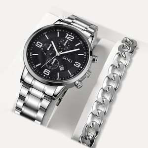 SOKI men's business quartz watch with black dial, silver steel strap and matching bracelet