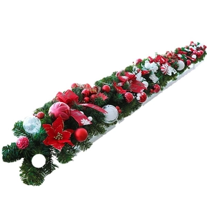 270cm green Christmas garland with red baubles, velvet bows, and poinsettia flowers