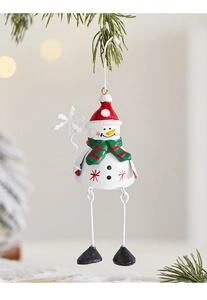Detail of hanging iron snowman ornament with red hat and scarf on a festive pine branch