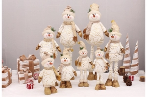 Group of 8 gold and white plush Christmas snowmen with telescopic legs for decor