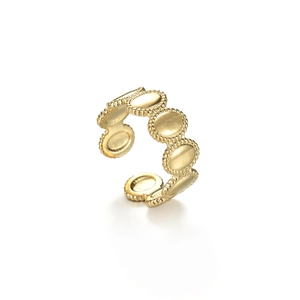 Detailed view of the 14K gold plated oval拼接 open ring with polished metal finish