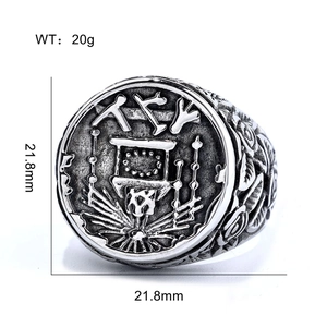 Vue détaillée de la bague maçonnique rose vintage en acier avec dimensions et poids