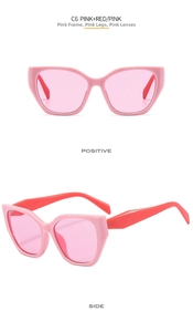 Detailed front and side views of cat eye sunglasses with pink frames and red temples