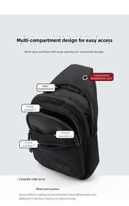 Detail of oxford chest bag featuring four zipper compartments and a rubber earphone port