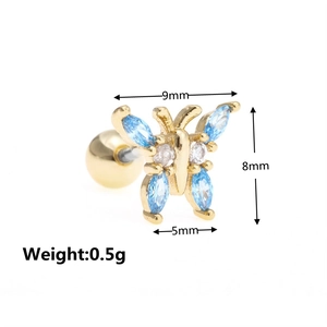 Macro detail of butterfly stud earring with blue zircons and screw back dimensions